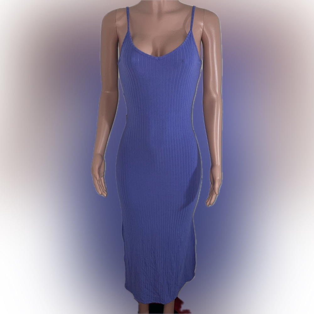 Cozy Purple Ribbed Stretch Split Cami lounge Maxi Dress